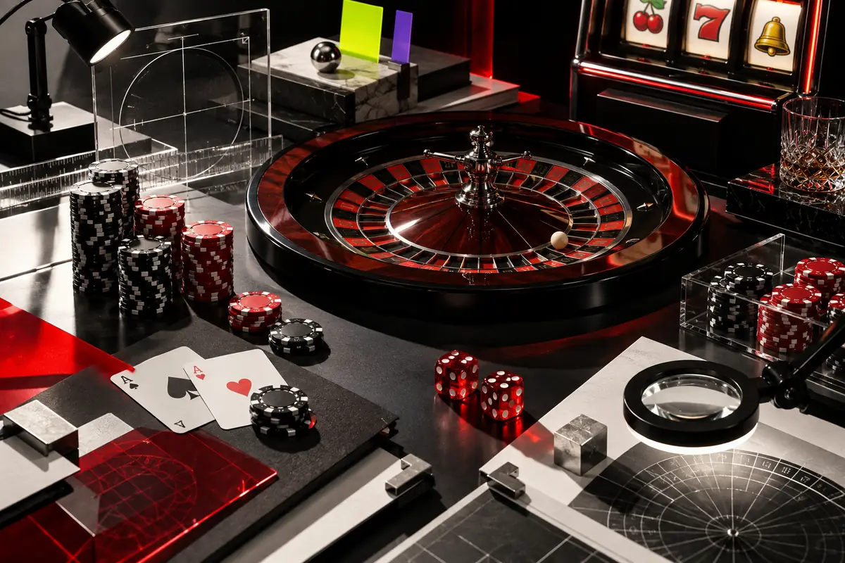 Casino evidence desk with roulette wheel, slot machine, playing cards, dice and gaming chips